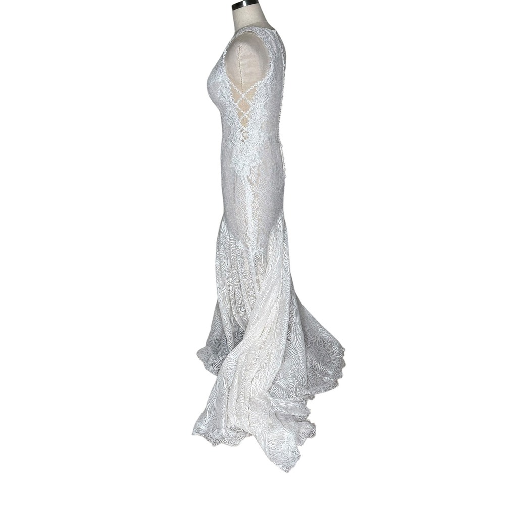 ALLURE BRIDALS Lace Mermaid Wedding Dress White Bridal Gown Women's Size 8 Boho - Picture 4 of 9